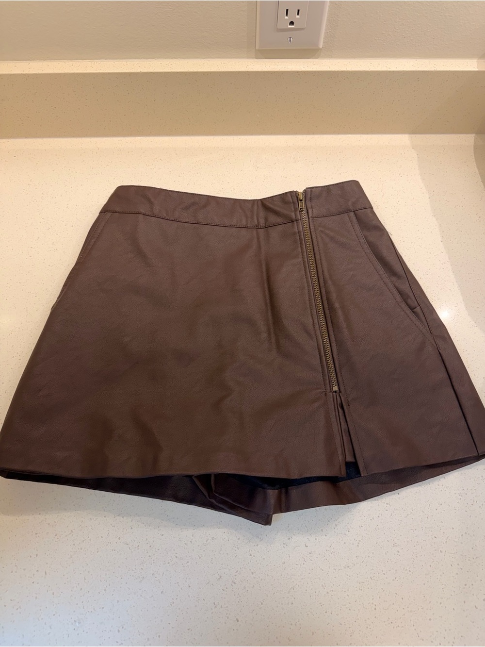 Mustard Seed Brown Faux Leather Mini Skort with Side Zip